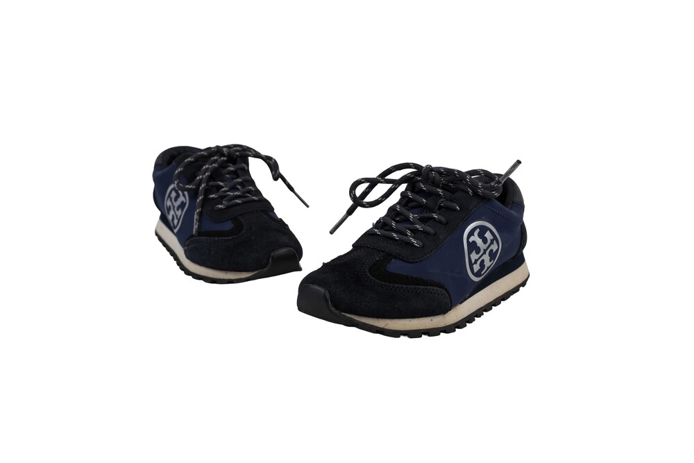 Tory Burch Navy Blue Black Suede Textile Logo Lace-Up Sneakers Size 5.5